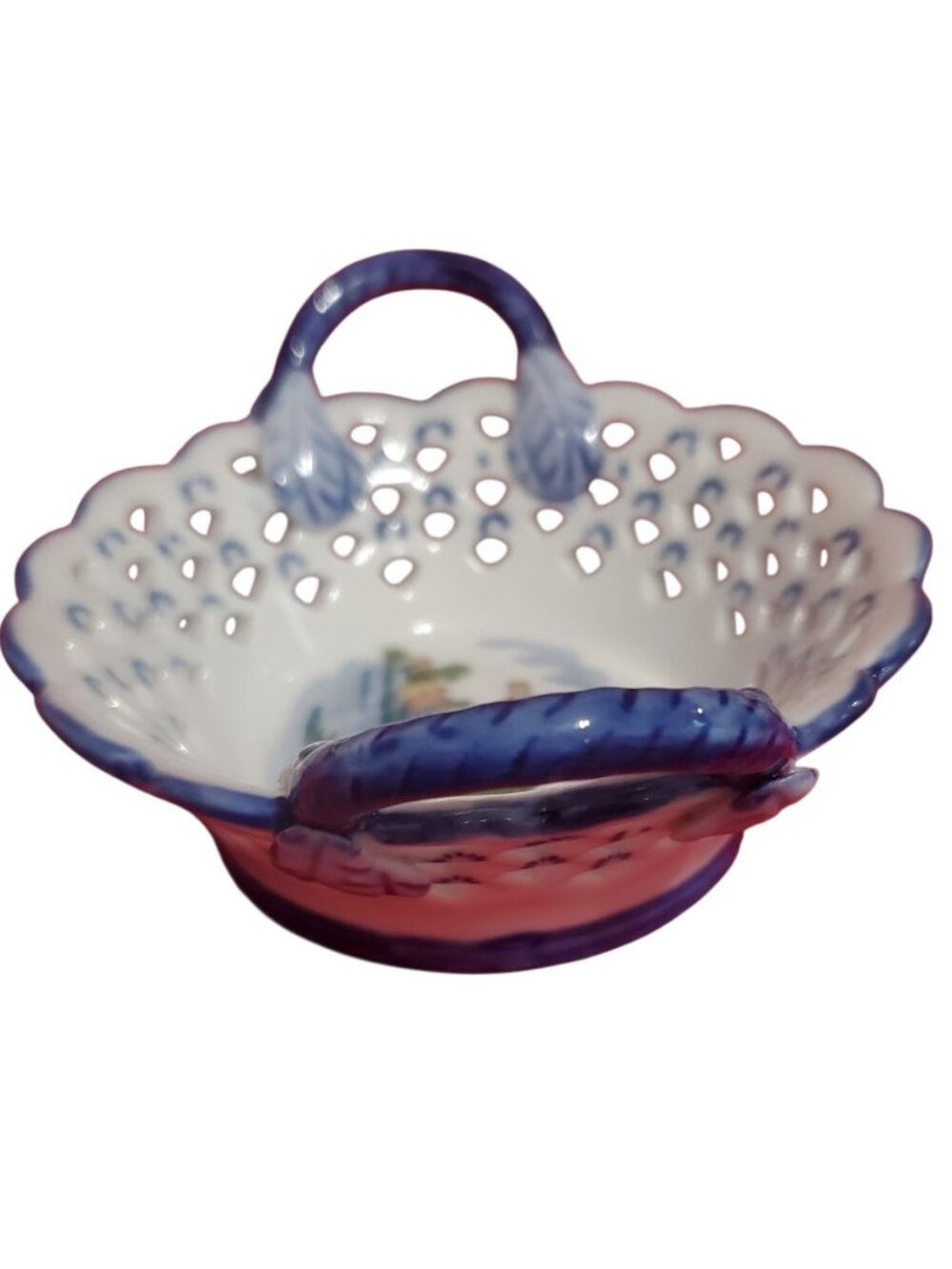 D.N&E.L Hand-Vtg Porcelain Basket W/Windmill Scene & Dual Handles Blue & White - Picture 3 of 12